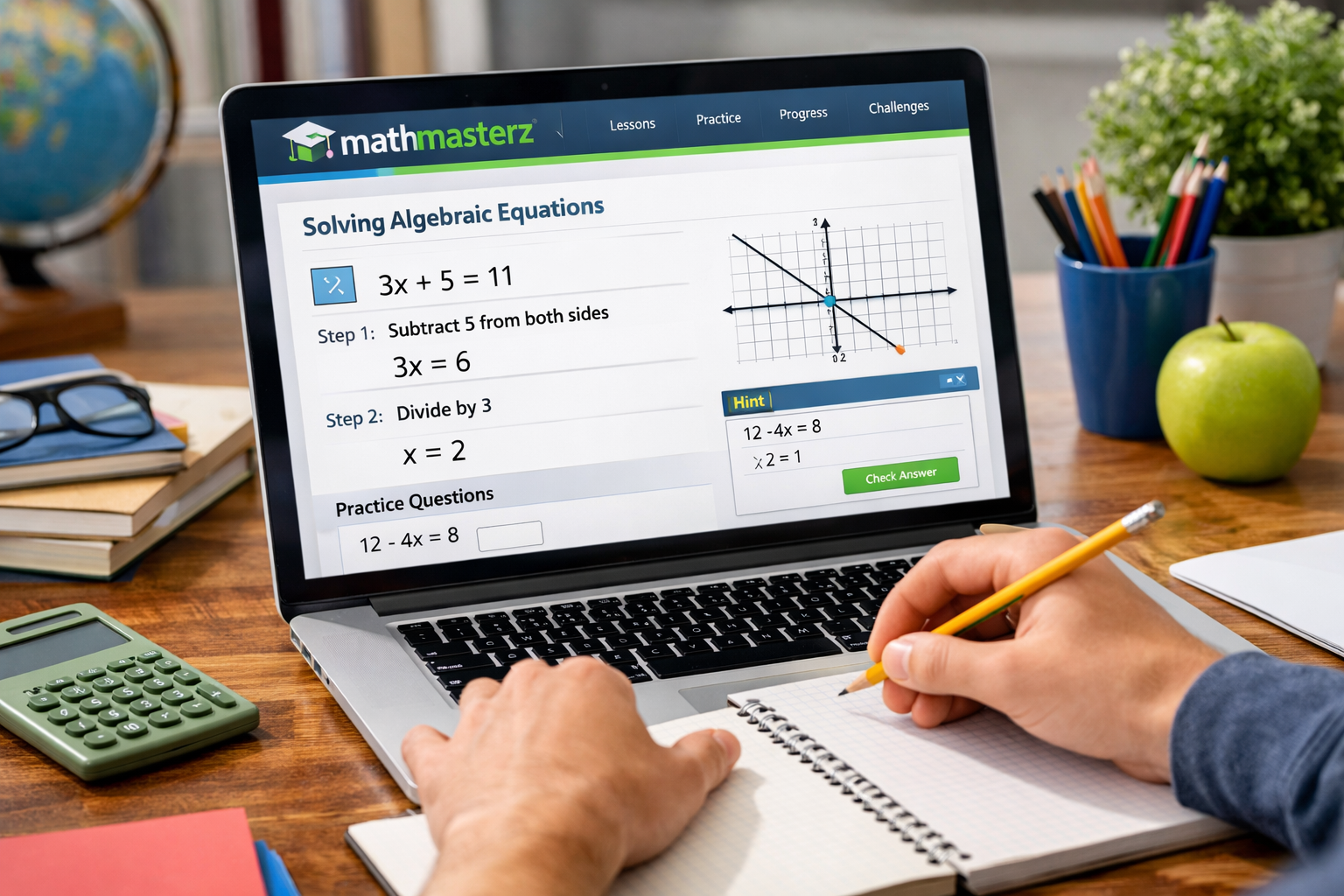 Student using mathmasterz platform on laptop while solving math problems
