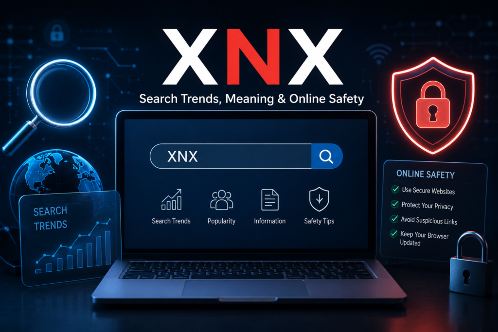 XNX online search concept with laptop displaying secure internet browsing and digital privacy icons